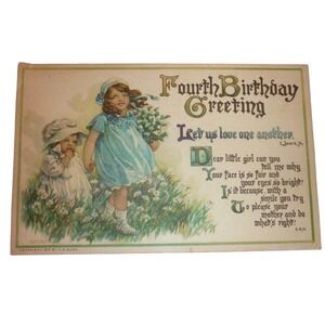 Vintage 1913 Fourth Birthday Greeting Postcard CM Burd Girls Daisies Antique
